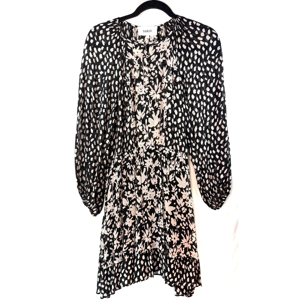 Ba&sh Black White Floral Abstract Dot Mini Dress Long Sleeve Tie Waist Size S